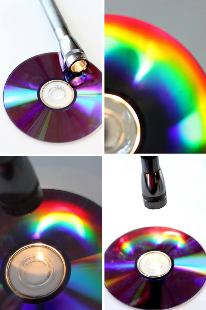 Make rainbows science idea with a CD and flashlight