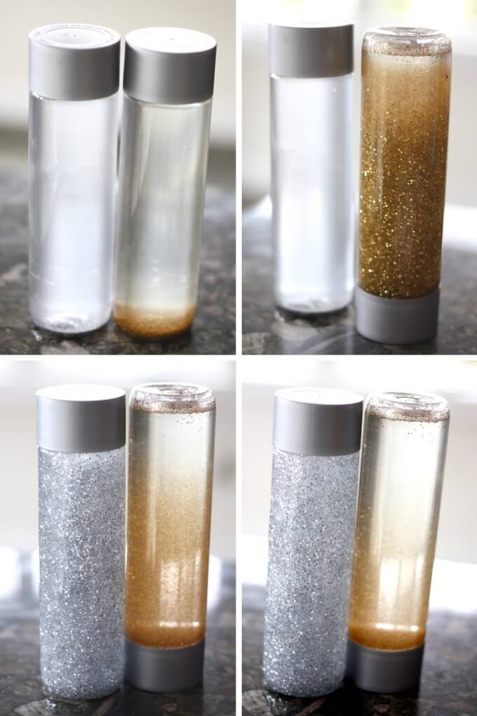 Homemade Silver and Gold Glitter Sensory Bottles