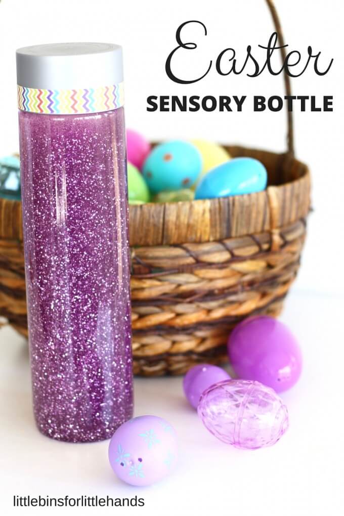 Easter sensory bottle made with glitter glue in a Voss Bottle