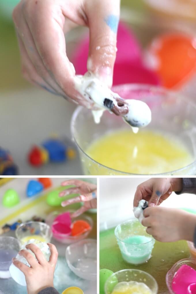 Playing with erupting surprise eggs for sensory play