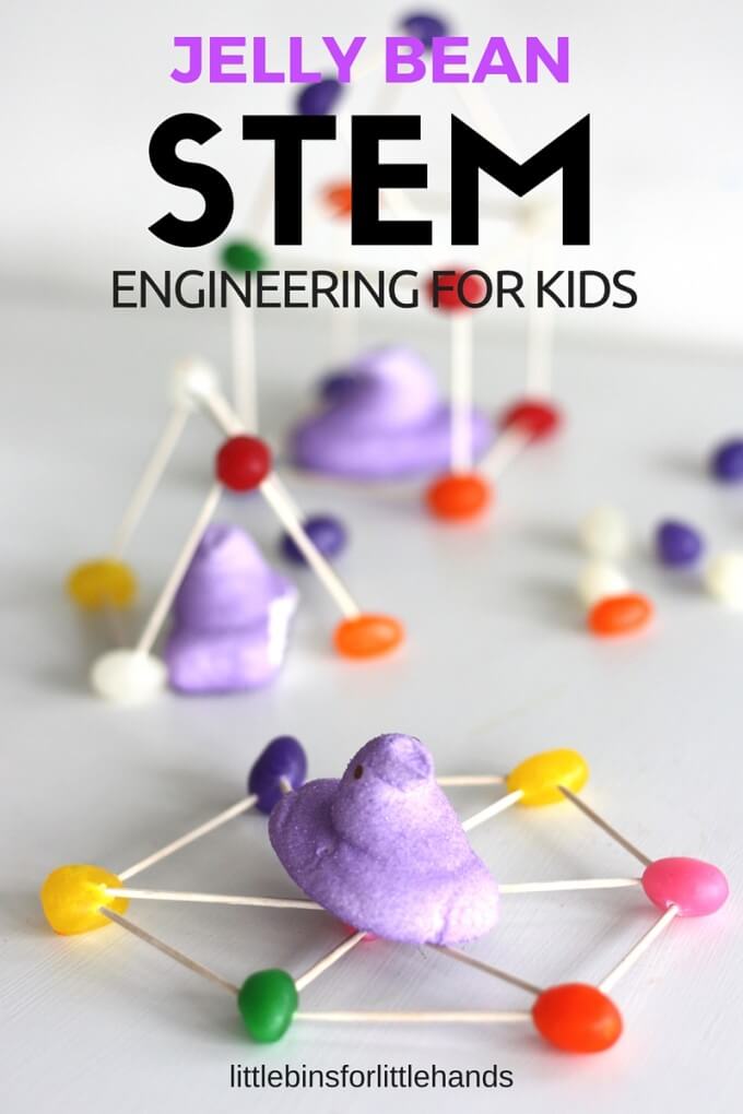 Easter STEM building with Jelly Beans and Peeps. Explore Easter engineering with jelly beans and toothpicks and takes the Peeps STEM challenge too. We have plenty of Easter science experiments, activities, and STEM challenges including FREE printable Easter STEM cards!