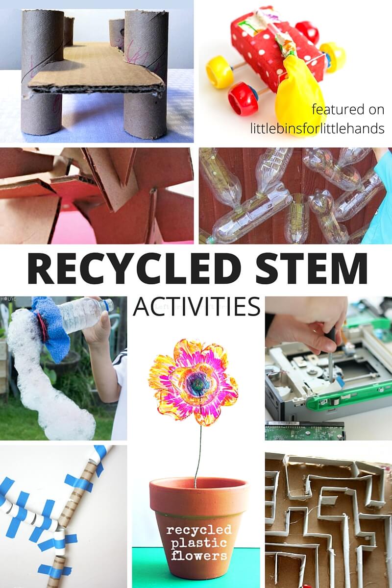 Recycled STEM activities and challenges for kids! Fun ways to use recycled items to come up with STEM activities you can do at home. Perfect for Earth Day STEM challenges. Have your kids design and engineer their own ideas from the recycling bin or from old items you have laying around the house. Little inventors will love STEM activities with cardboard boxes, plastic bottles, and odd parts. Set up an inventors box, put together a STEM kit or tinker tray filled with reusable STEM items for the young engineer.