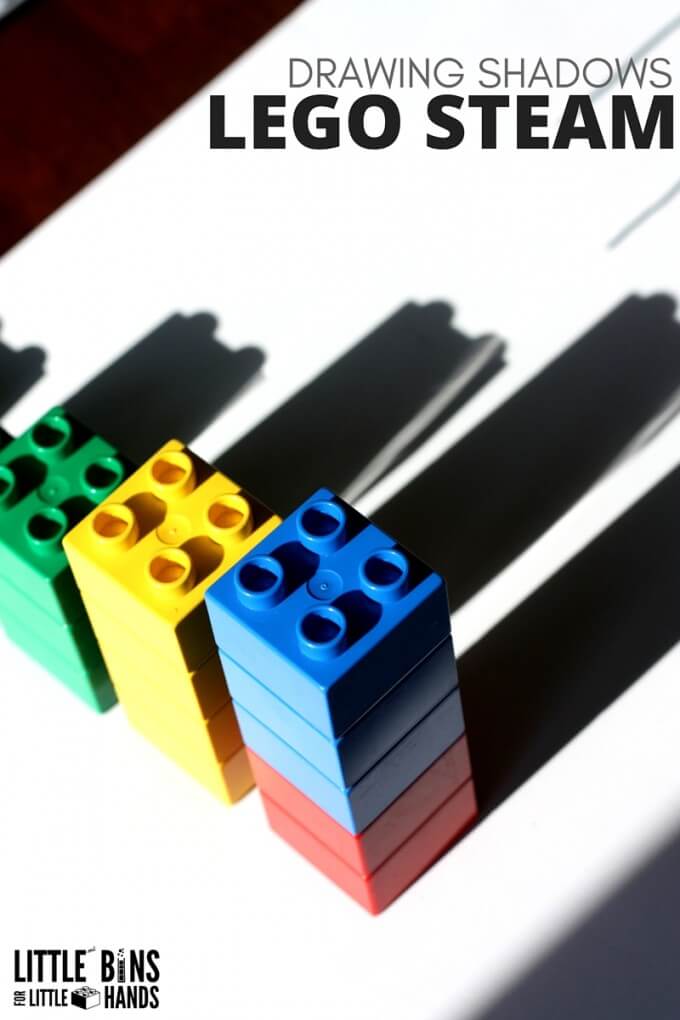 LEGO Drawing Shadows STEAM Activity with Duplo for kids shadow science activities! Great unplugged play for kids with fun LEGO learning activities.
