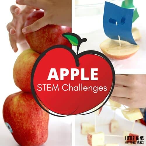 Apple STEM Challenges for stacking apples, making apple structures and apple boats that float