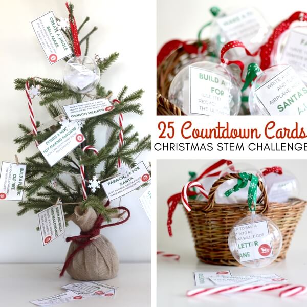 small tree with numbered cards that have STEM challenges on them for a Christmas countdown idea