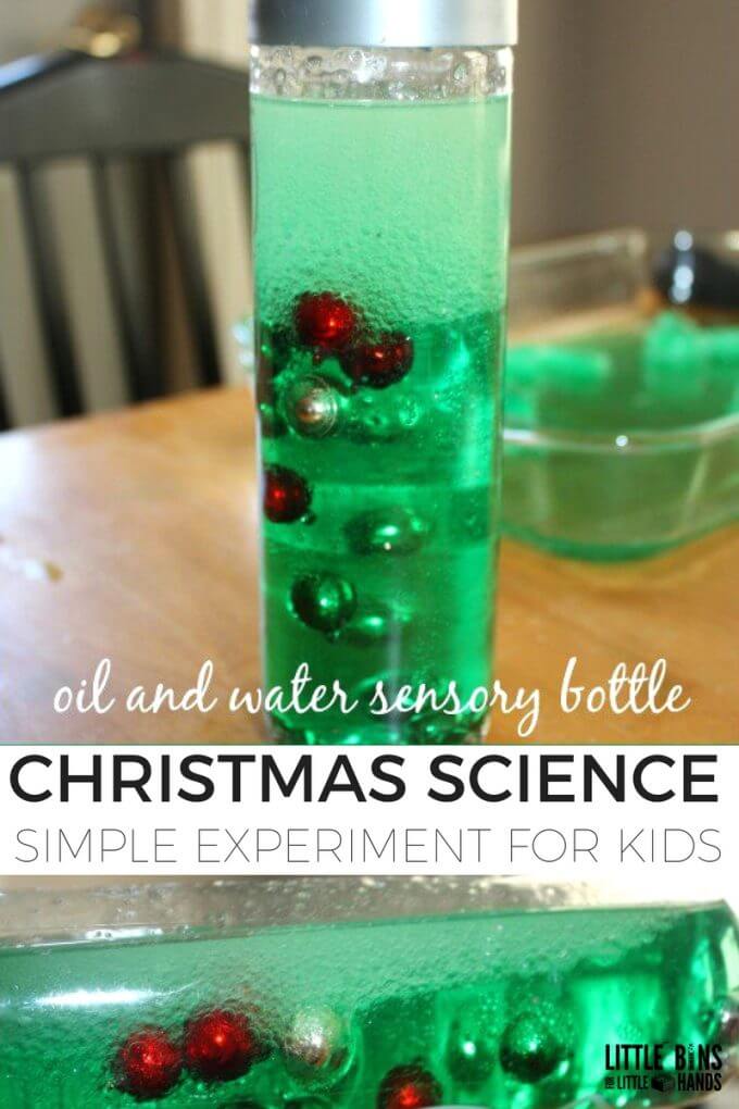 easy to make liquid density Christmas science bottle for kids to make this season. A great way to learn about how different liquids work together like oil and water. Plus you can turn your Christmas science bottle into a homemade lava lamp by adding one ingredient for a cool chemical reaction. 