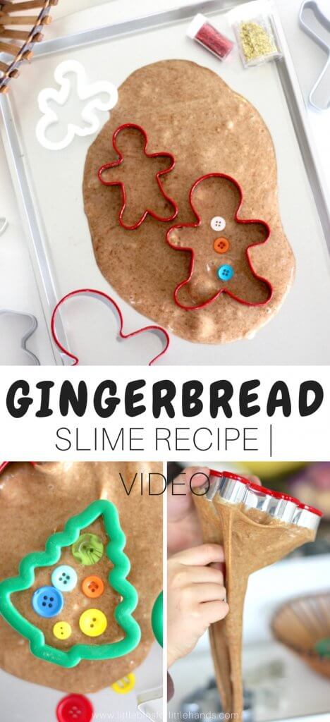Are we baking cookies or making slime! Whether you love baking gingerbread man cookies, are planning a gingerbread theme lesson, or just love anything scented, our newest gingerbread slime is the answer. Our holidays slimes are really popular, and this year I challenged us to come up with a gingerbread man series. Enjoy the scented science and sensory play that is so easy to make with our homemade slime recipes.