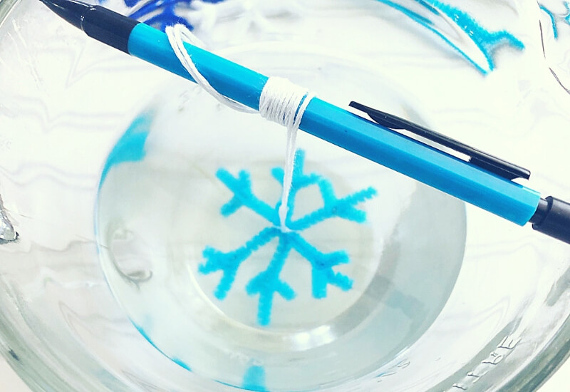 dangling pipecleaner snowflake in borax solution 