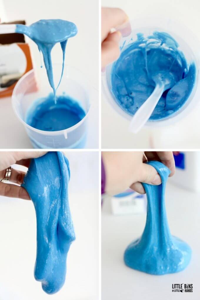 Making stretchy slime with glue, baking soda, and eye drops