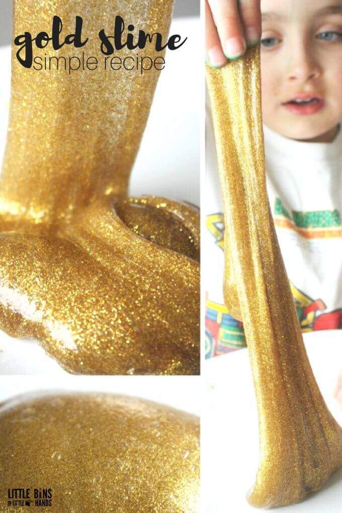 Make gold slime with our liquid starch gold glitter glue slime recipe. Kids love making slime and its a great chemistry lesson and sensory play activity all in one! Easy slime recipe that makes awesome slime in minutes and no borax powder needed.