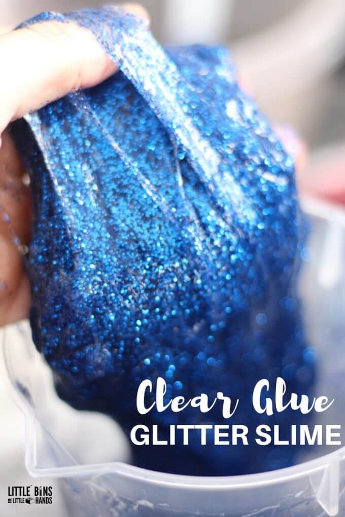 Learn how to make clear glue glitter slime with our simple slime recipe. Making slime is a great science experiment and sensory play activity. Learn how to make clear glue slime with glitter!