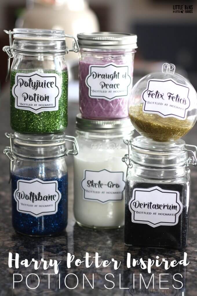 Harry Potter potion slime making activity for kids science and Harry Potter themed party activity.