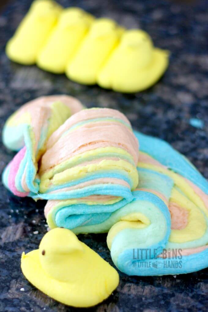 Stretchy peeps slime makes a fun and chemical free Easter slime idea for kids
