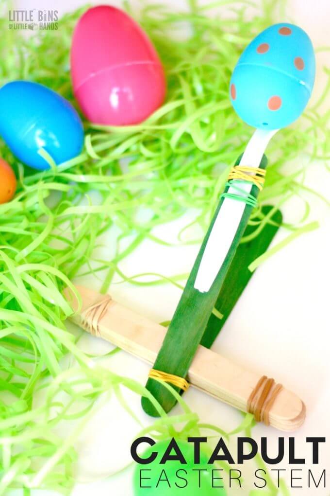 How to make a catapult for Easter! Try our simple to make Easter catapult STEM activity and launch plastic eggs. Explore simple machines and physics with rubber bands and popsicle sticks.