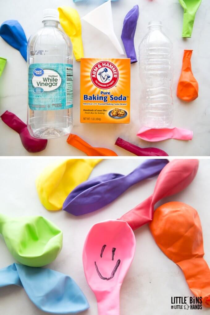 balloon science experiment supplies including baking soda and vinegar