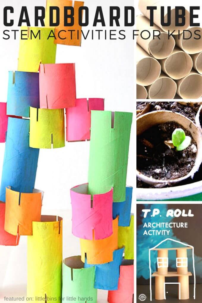 Cardboard tube STEM activities for kids to try using cardboard rolls or tubes or even toilet paper rolls. Recycled STEM projects for Earth Day activities too! Cardboard STEM is cheap and easy to set up for home STEM activities or even classroom STEM activities. 