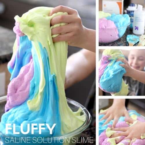 Fluffy slime made with white elmers glue and saline solution slime recipe