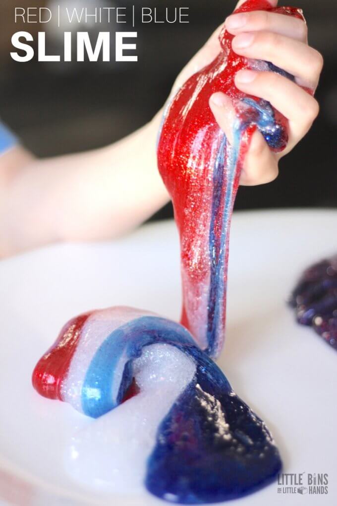Easy 4th of July slime recipe with our simple homemade slime recipes using saline solution, borax, or liquid starch! Learn how to make clear glue slime perfect for 4th of July Science Activity or Patriotic Activities for Kids.