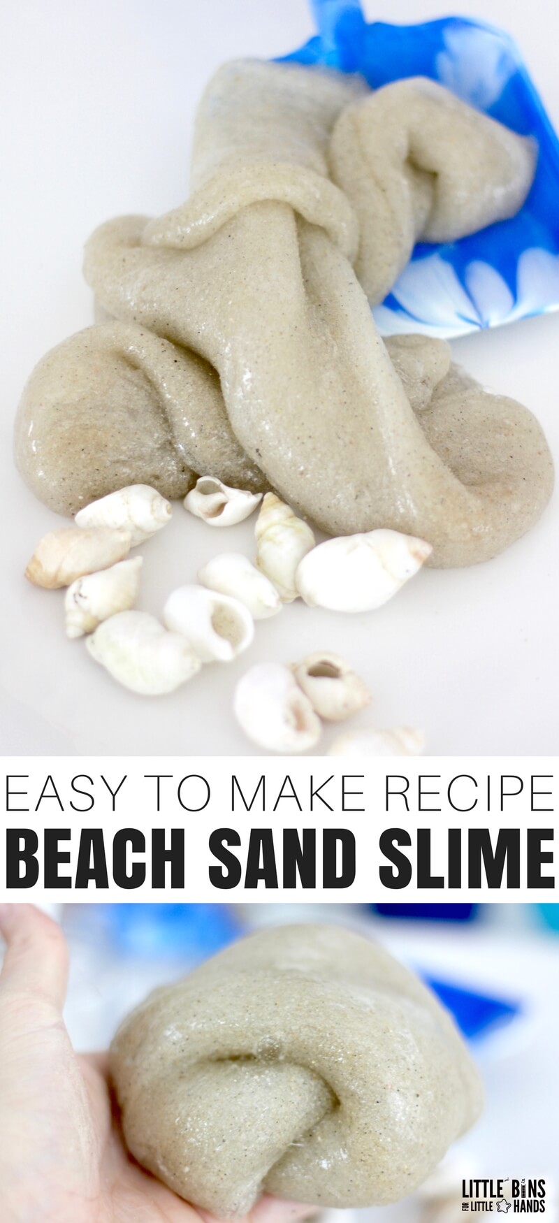 Bring the beach to your kitchen like we did with our awesome homemade sand slime recipe! Whether you use sand from the beach, sand box, or craft store, making sand slime is a hit with the kids. Whenever we go to the beach I like to take a little of it home with me. Use one of our basic slime recipes to make the coolest beach or ocean theme slime ever.