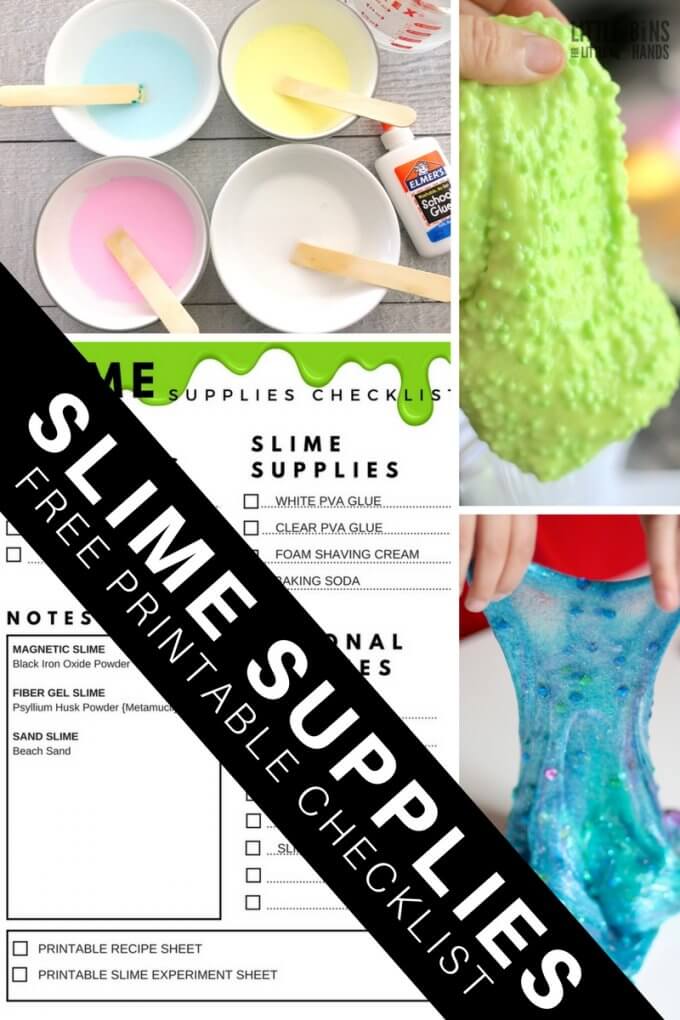 Free printable slime supplies checklist to go along with our homemade slime recipes. We also have a free printable slime recipes sheet, a list of recommended supplies for making slime, and a slime experiments worksheet to extend the learning. Our homemade slime includes borax slime, liquid starch slime, fluffy slime, saline slime, edible slime, and more!