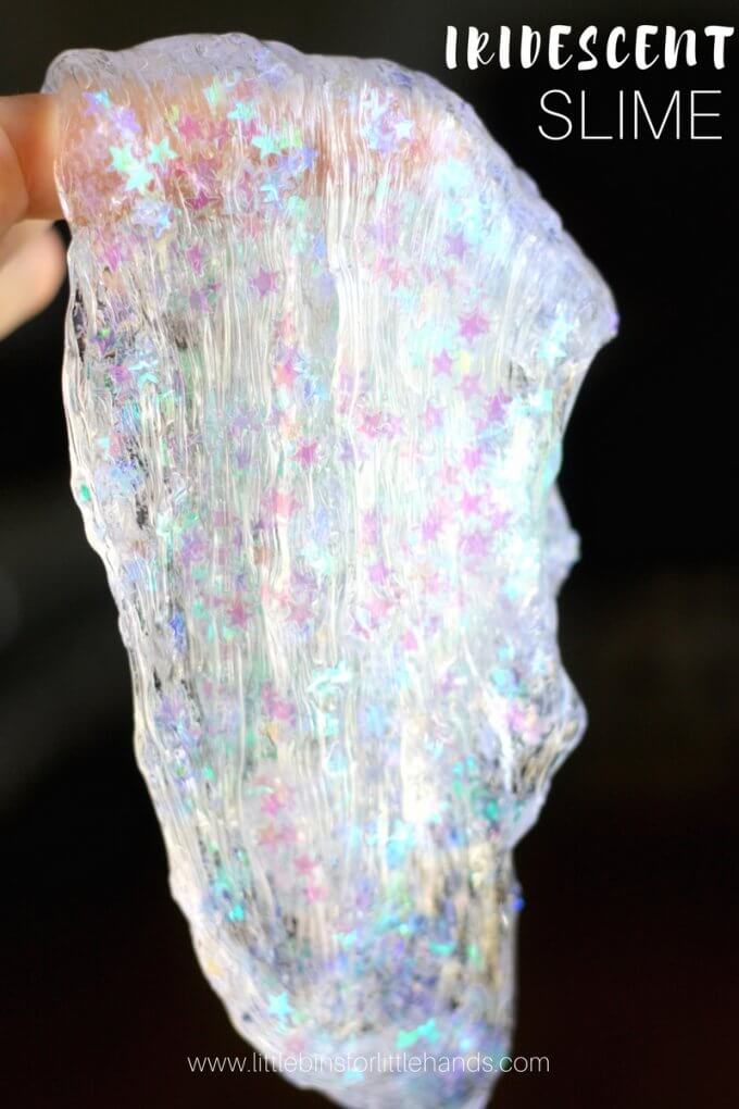 How to make iridescent slime recipe with kids using our homemade crystal clear glue slime recipe.