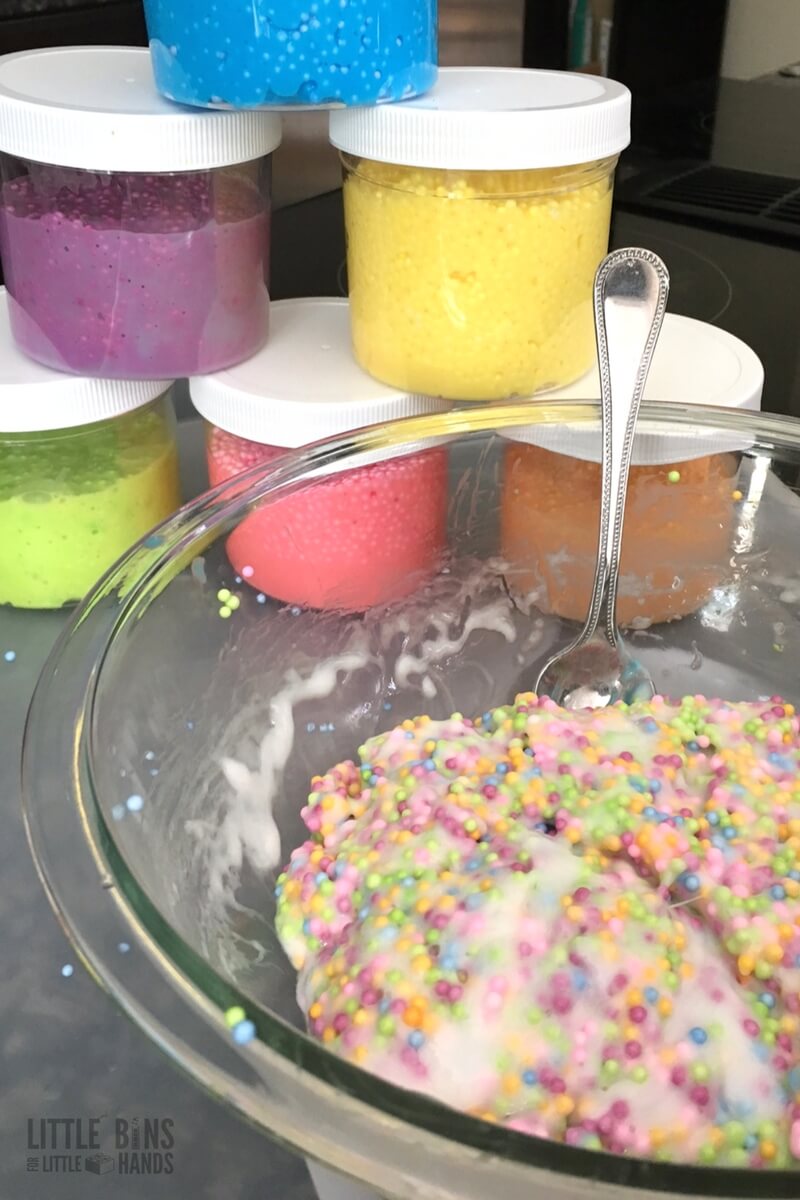 Mixing floam slime recipe in bowl. Use plastic containers to store homemade slime or to give as non candy treats! Great for science party activities