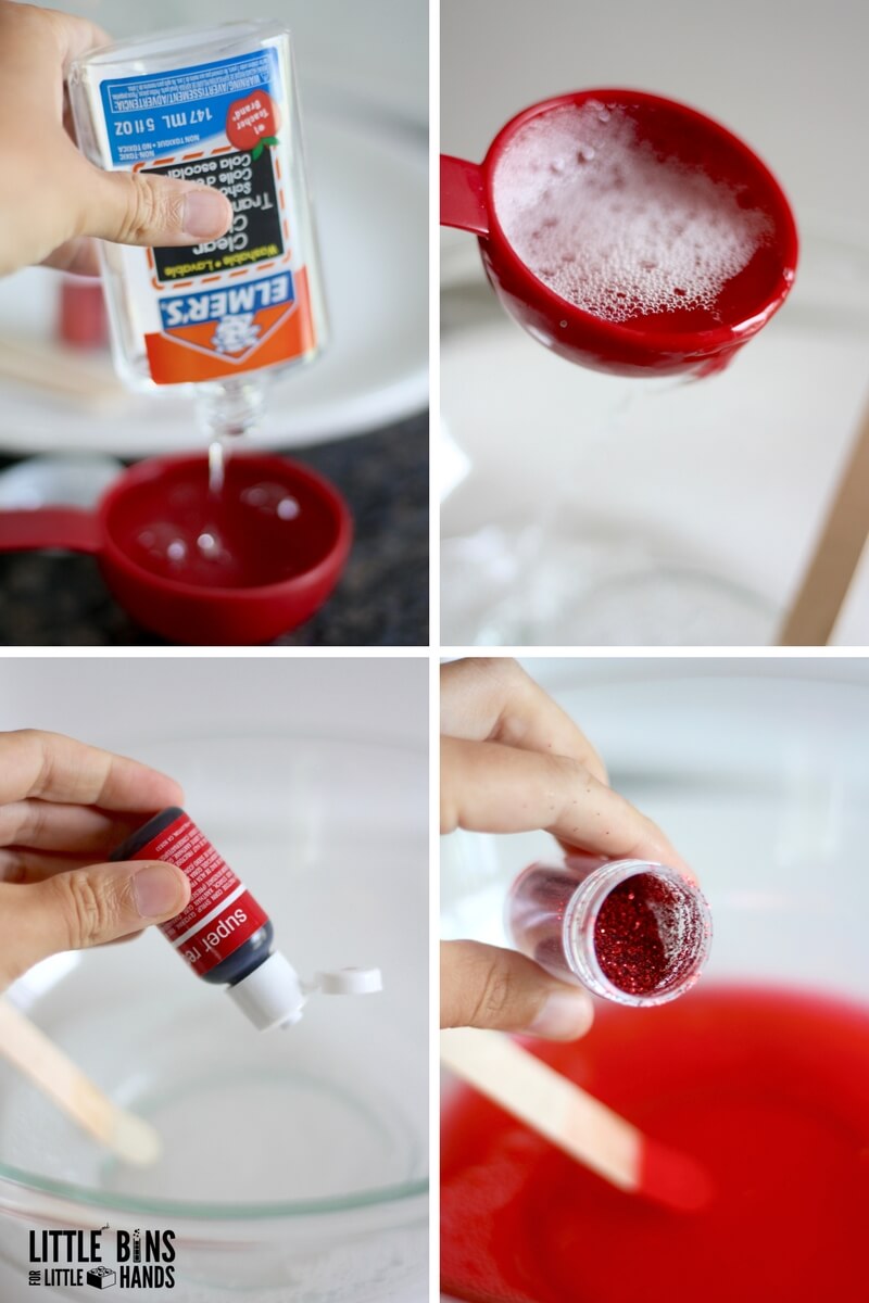 apple slime recipe instructions for mixing glue and water and adding food coloring and glitter