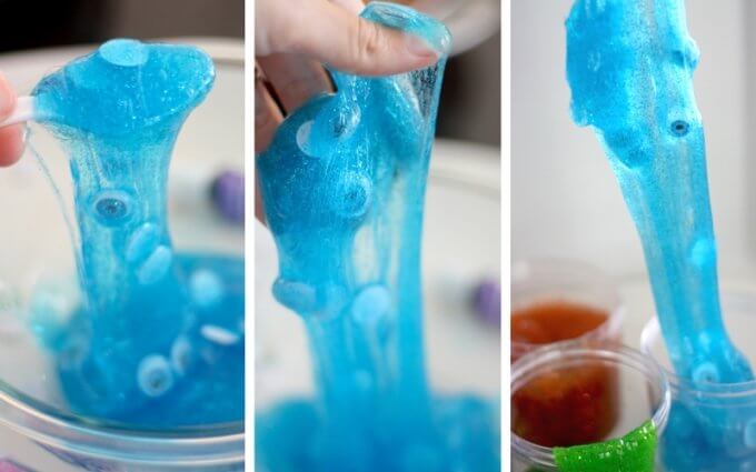 mixing up blue google eyes monster slime recipe