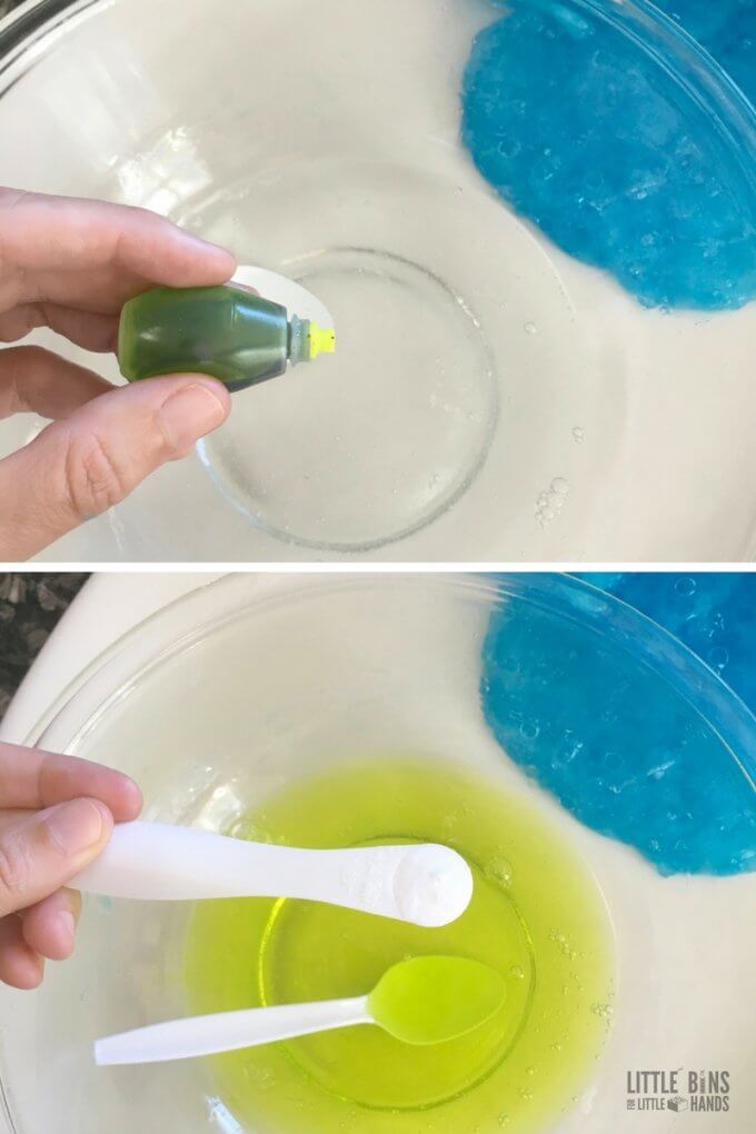 Adding food coloring and baking soda for crunchy slime recipe