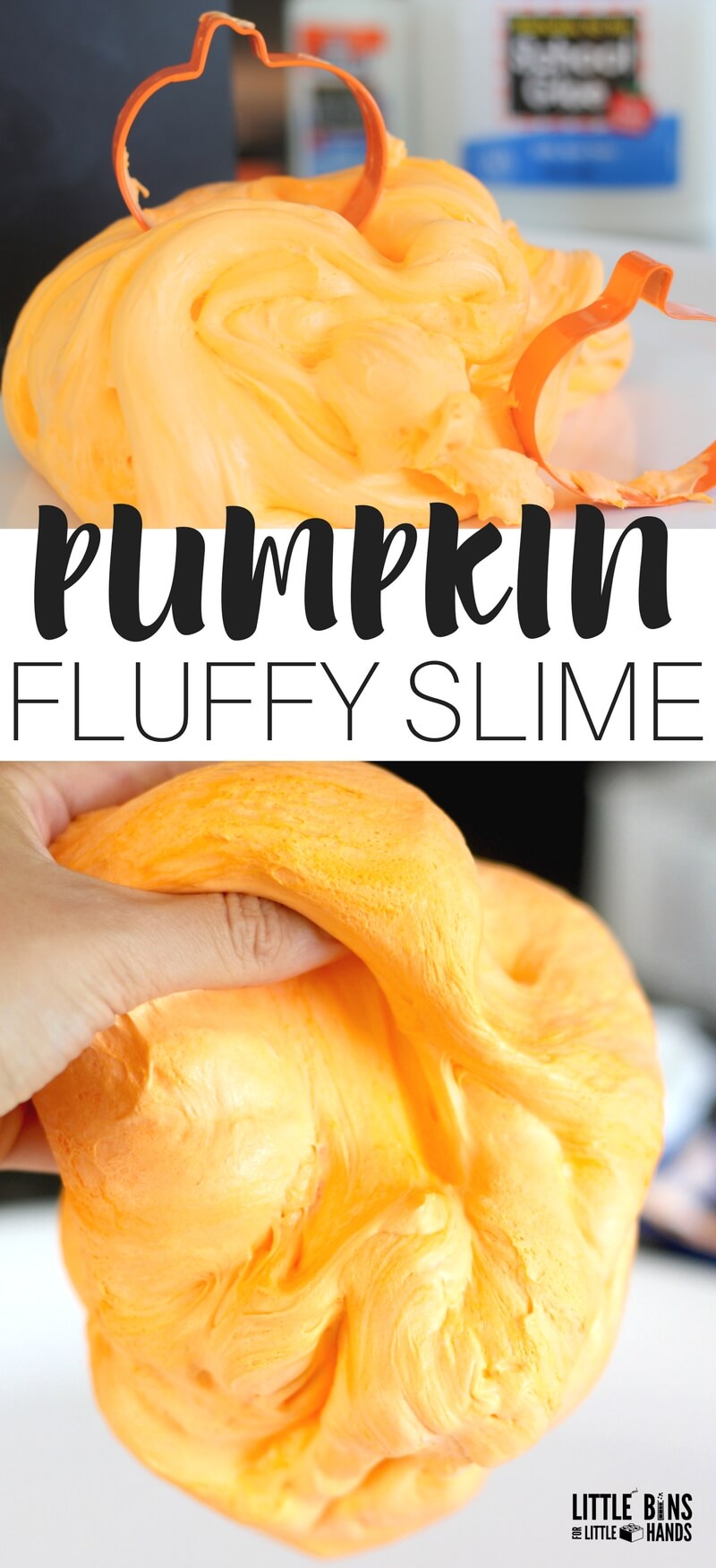 Homemade orange pumpkin fluffy slime recipe shaving cream is perfect for kids to make for fall or Halloween slime ideas! Our easy homemade slime recipes make great kid science and sensory play. Fluffy slime is easy to make with just a few simple ingredients including shaving cream and saline solution! You choose the color and the fun! We even have fluffy slime videos to share with our slime recipe tutorials.