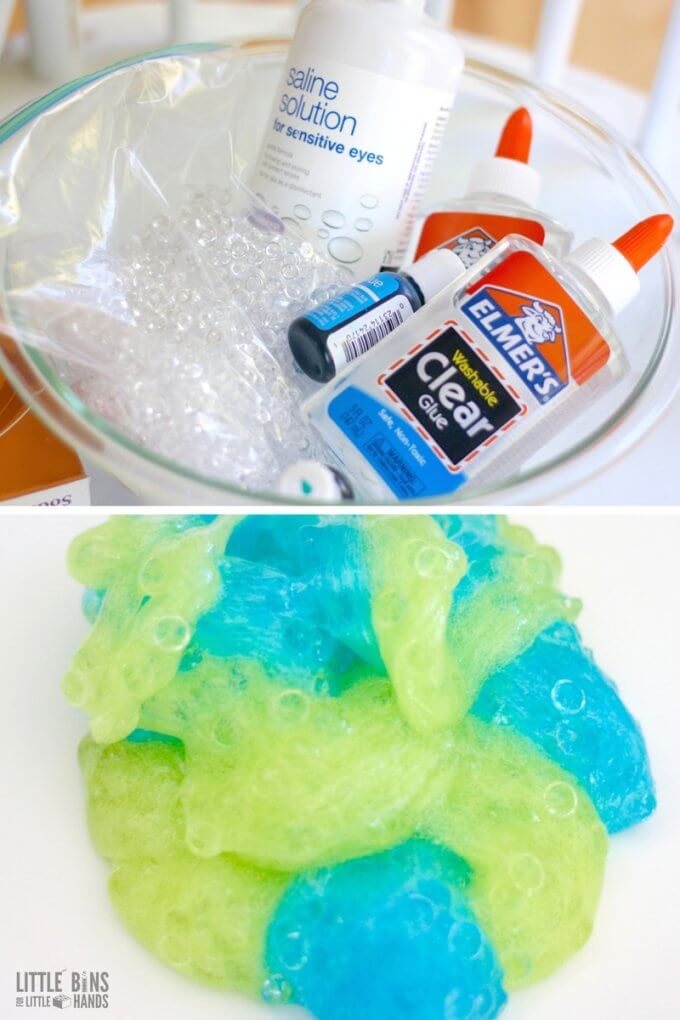crunchy slime recipe making supplies using saline and fishbowl beads with clear glue slime recipe