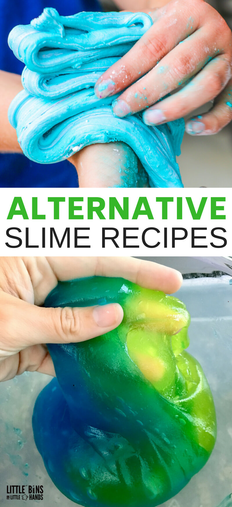 Our alternative slime recipes are perfect no matter where you live or what slime making ingredients you have available. There is a homemade slime recipe for everyone here. Try edible slime recipes, borax free slime recipes, and even no glue slime recipes for an amazing slime making adventure!