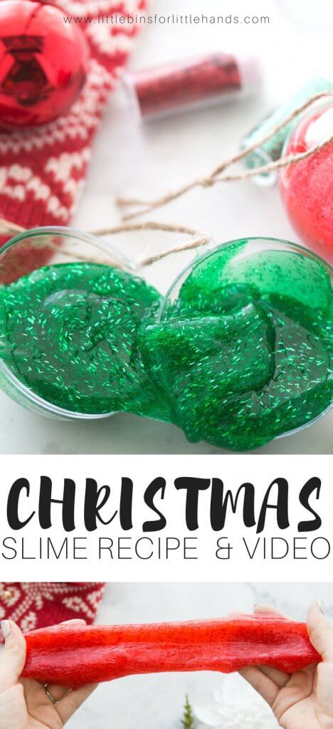 Homemade Christmas slime perfect for filling ornaments is a snap when you make this fun science experiment for kids! Holiday slime is so much fun! #slime #STEM #science #Christmas