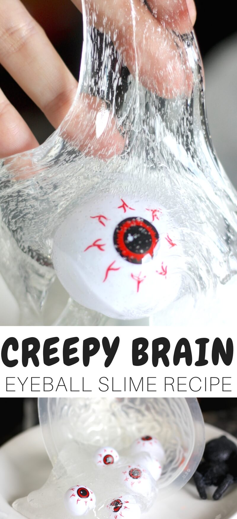 Easy homemade eyeball Halloween slime recipe and Halloween brain activity for kids! We love making slime and have many fun Halloween slime recipe ideas for kids to try at home including fluffy slime! Check out all of our Halloween slime recipes for creepy, gross, and cool science this Halloween season.