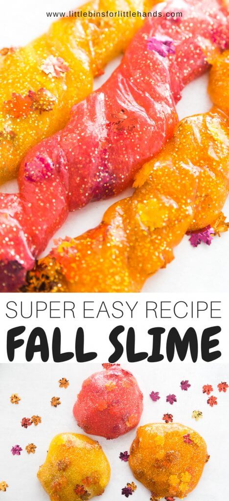 A super easy to make colorful leaves fall slime recipe for kids! Perfect for fall science, Thanksgiving science, or fall STEM with our homemade fall slime recipe. Making slime is a snap with any of our slime recipes. This colorful slime is perfect for a quick fall activity or leaf activity that is both science and sensory play in one!