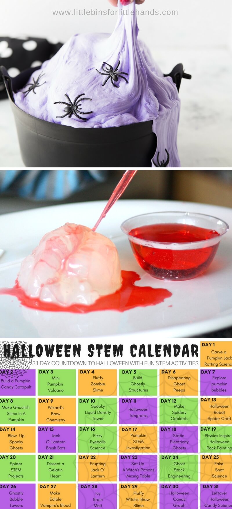 Halloween STEM Activities calendar countdown and free Halloween calendar printable for kids featuring halloween science experiments, Halloween slime recipes, and Halloween STEM activities!