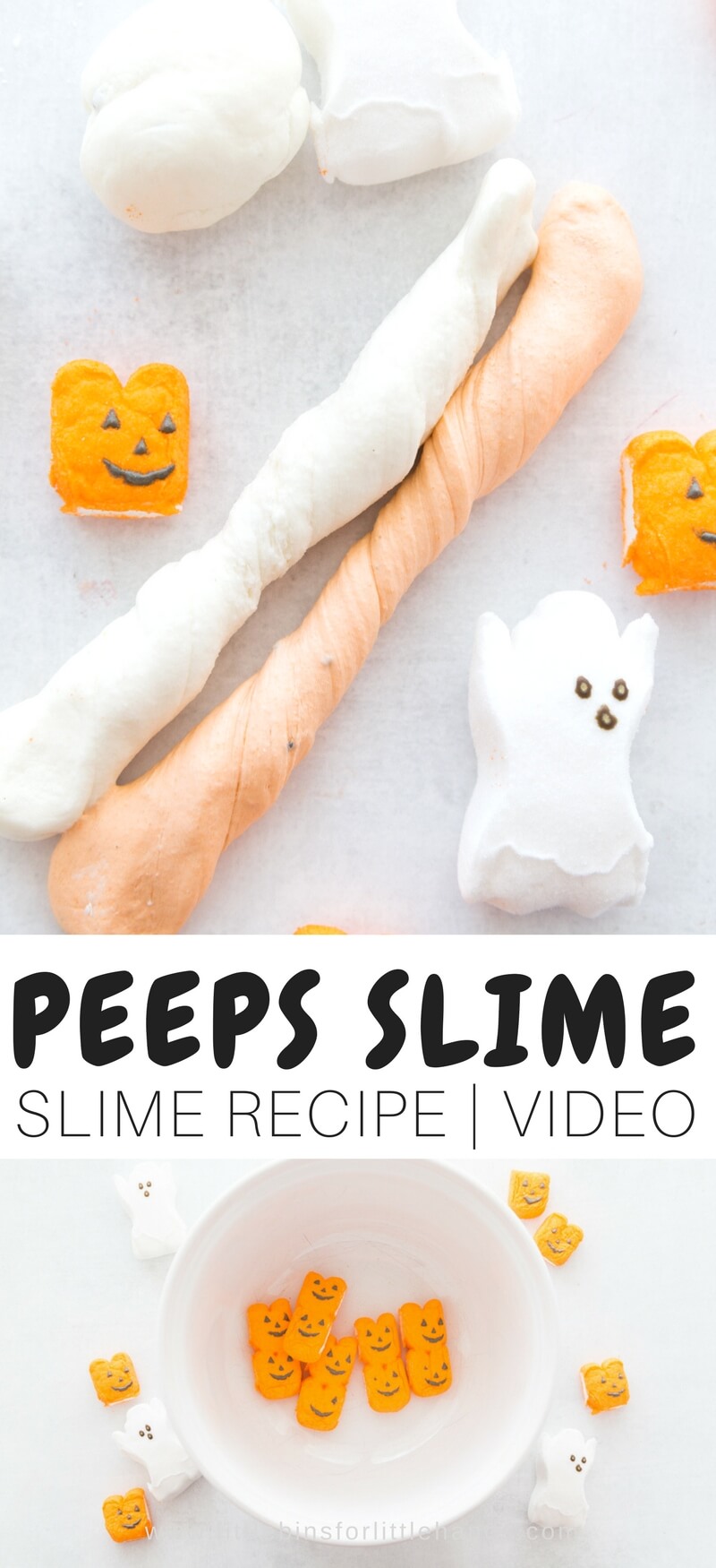 Halloween slime recipe using peeps. Peeps Halloween slime recipe is a must try activity with the kids this fall. Make taste safe slime or candy slime with a simple recipe that is a great alternative to our classic slime recipes. Make sure to check out all our Halloween slime recipes including fluffy slime, saline slime, liquid starch slime, and borax slime too.