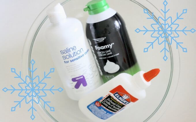 Supplies for fluffy snow slime recipe.