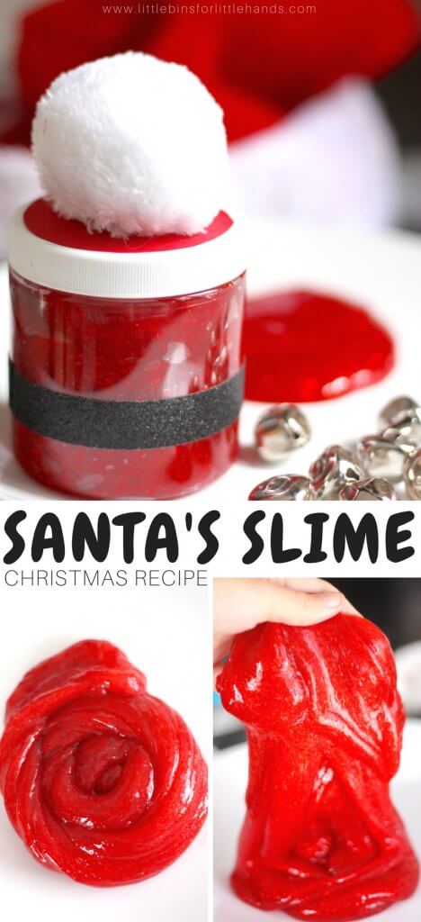 Make your own Santa's hat theme slime with our homemade slime recipes. Making slime is easy and we love this fun and festive science experiment for kids! #slime #STEM #science #santa