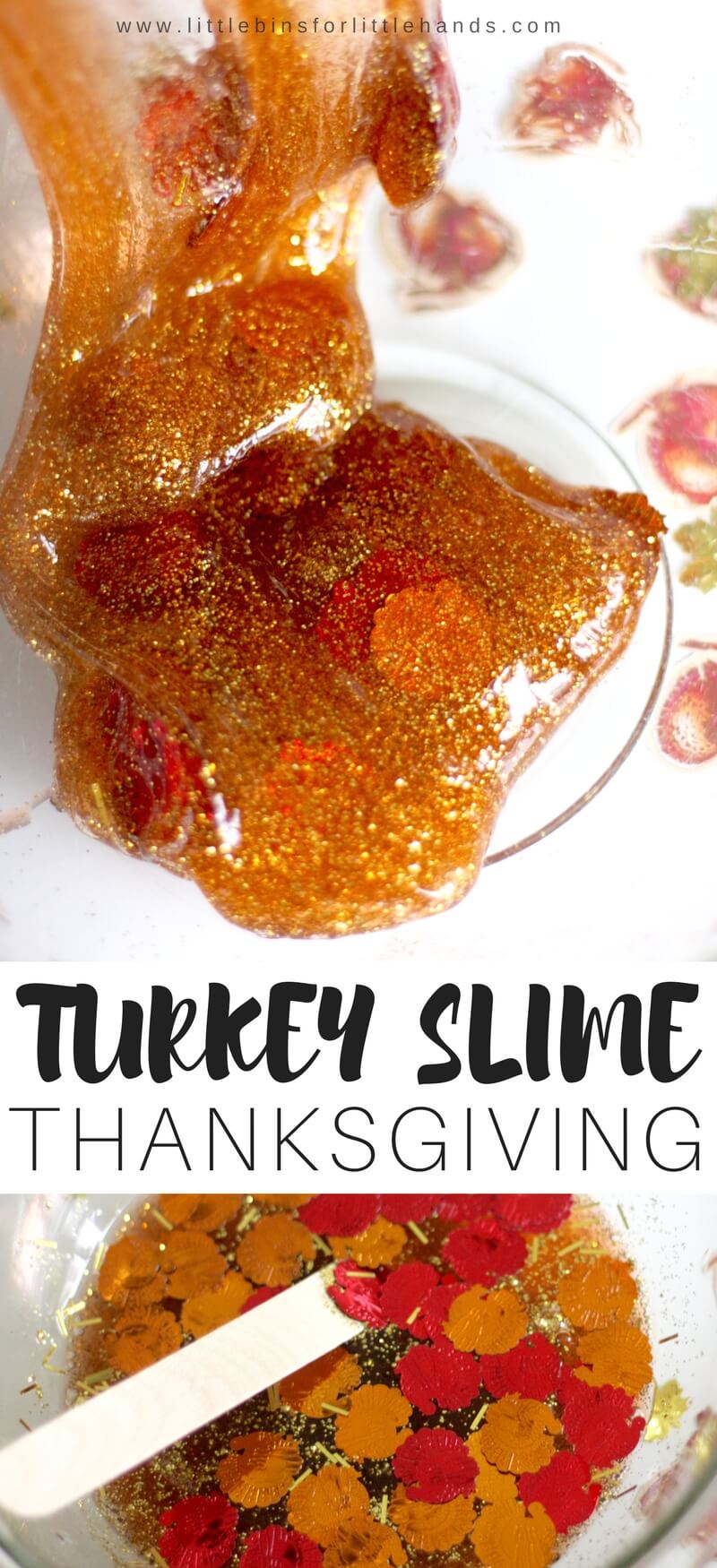 Totally turkey Thanksgiving slime recipe with turkey confetti! Use our basic homemade slime recipes to make a turkey themed Thanksgiving slime that isn't gravy. Have fun with this Thanksgiving science activity and sensory play idea this fall! You can use our homemade saline solution slime recipe, liquid starch slime recipe, or borax slime recipe for making fun and festive holiday slime ideas any day of the year!