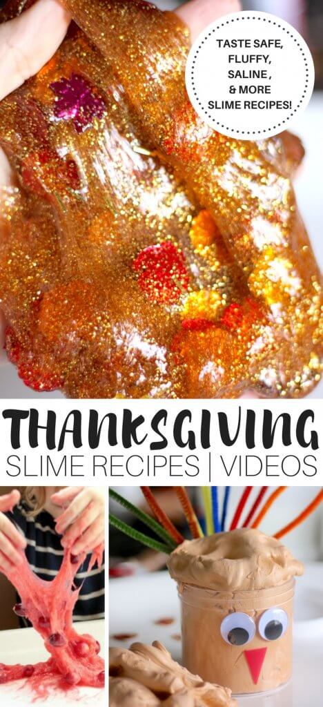 Awesome homemade Thanksgiving slime recipes for Thanksgiving science and Thanksgiving sensory play! We have turkey fluffy slime for awesome turkey sensory play as well as turkey confetti saline solution slime for easy slime making. Try making slime in a real pumpkin or fluffy pumpkin slime. Also included is taste safe slime recipes featuring a taste safe marshmallow slime and a taste safe cranberry slime recipe. Fall slime recipes with a Thanksgiving twist are perfect for harvest themes and fall science!