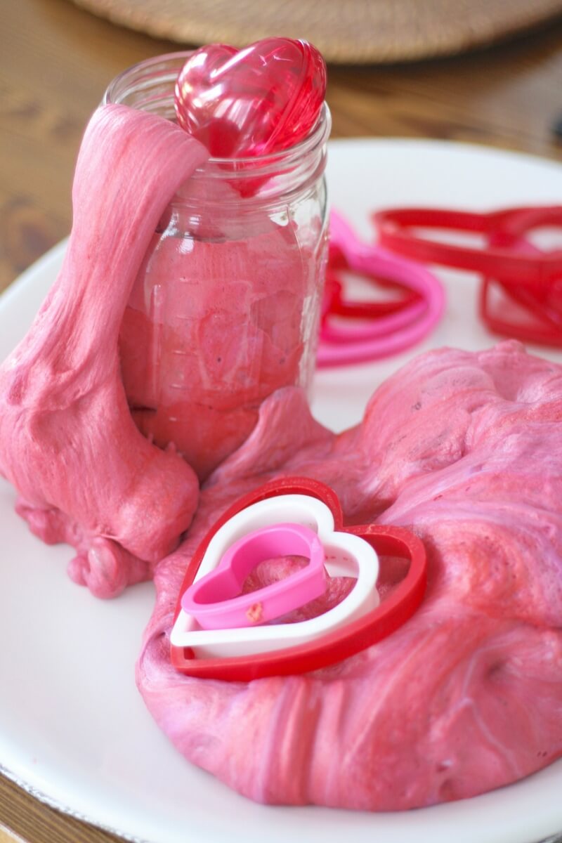Play with homemade Valentines Day fluffy slime recipe ideas for kids