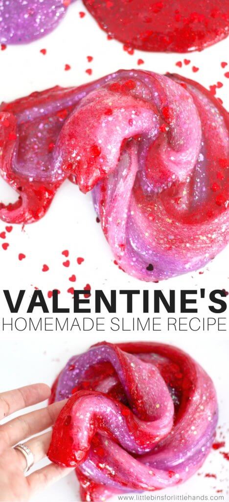 It's amazing how you can make homemade slime look like it was meant to be all about Valentine's Day! The perfect colors, a splash of glitter,  and a handful of confetti hearts makes a stunning Valentine's slime kids will go crazy for! We show you how to make Valentines Day slime easily and how to set up a fun little slime bar for mixing up sparkling slime.