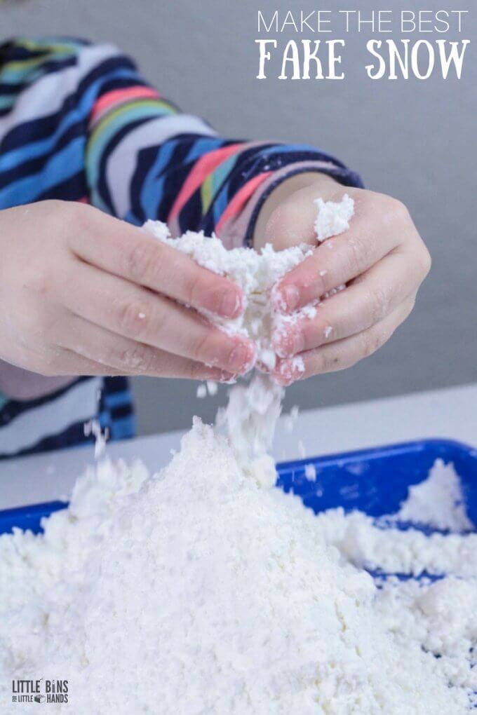 The best way to make fake snow for winter sensory play with kids.
