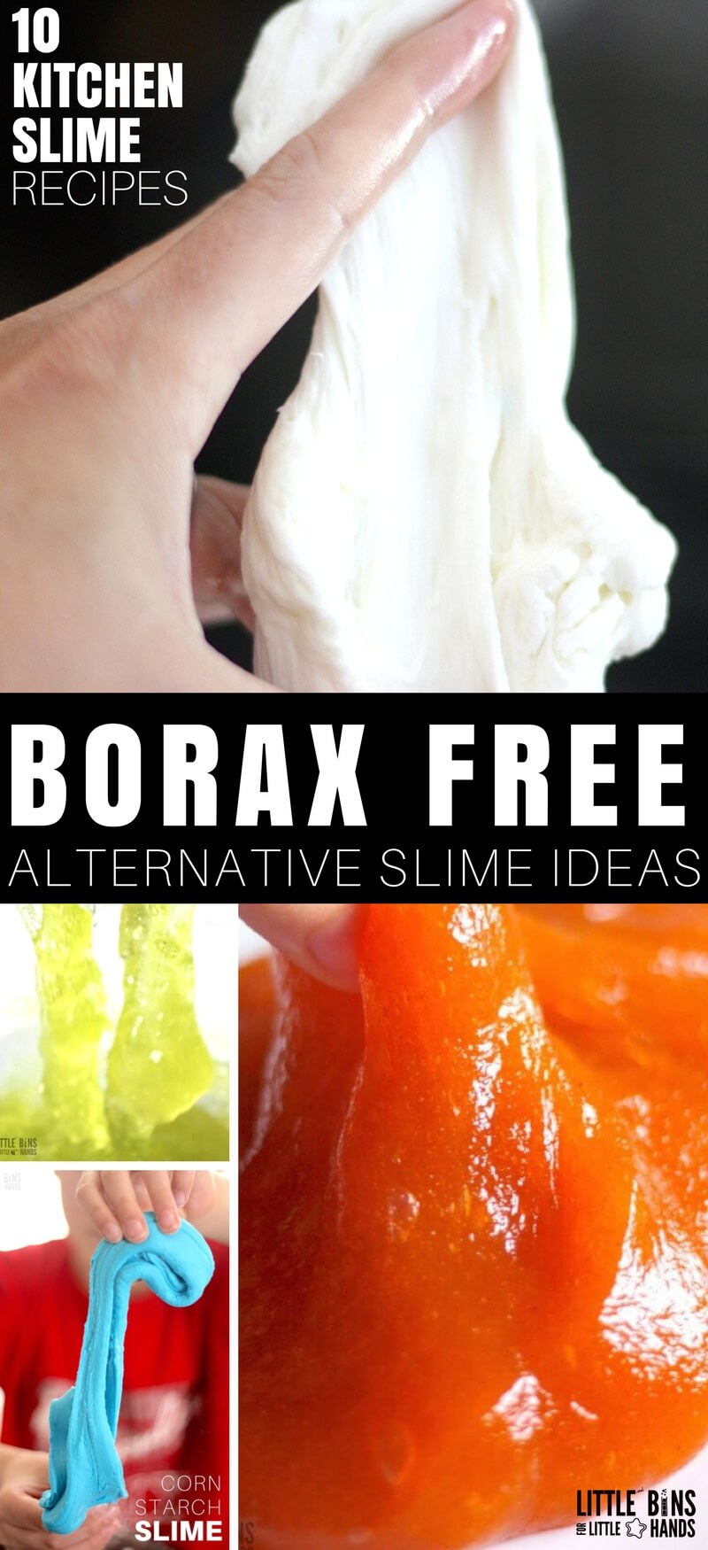 Borax free slime? You bet! Can you still enjoy making homemade slime without using borax, boric acid, or sodium borate? Yes you can! If you are looking for some fun alternative slime making ideas, look no further. We have removed and replaced the classic slime activators with gelatin, fiber, marshmallows, and more to create fun slimy recipes. 
