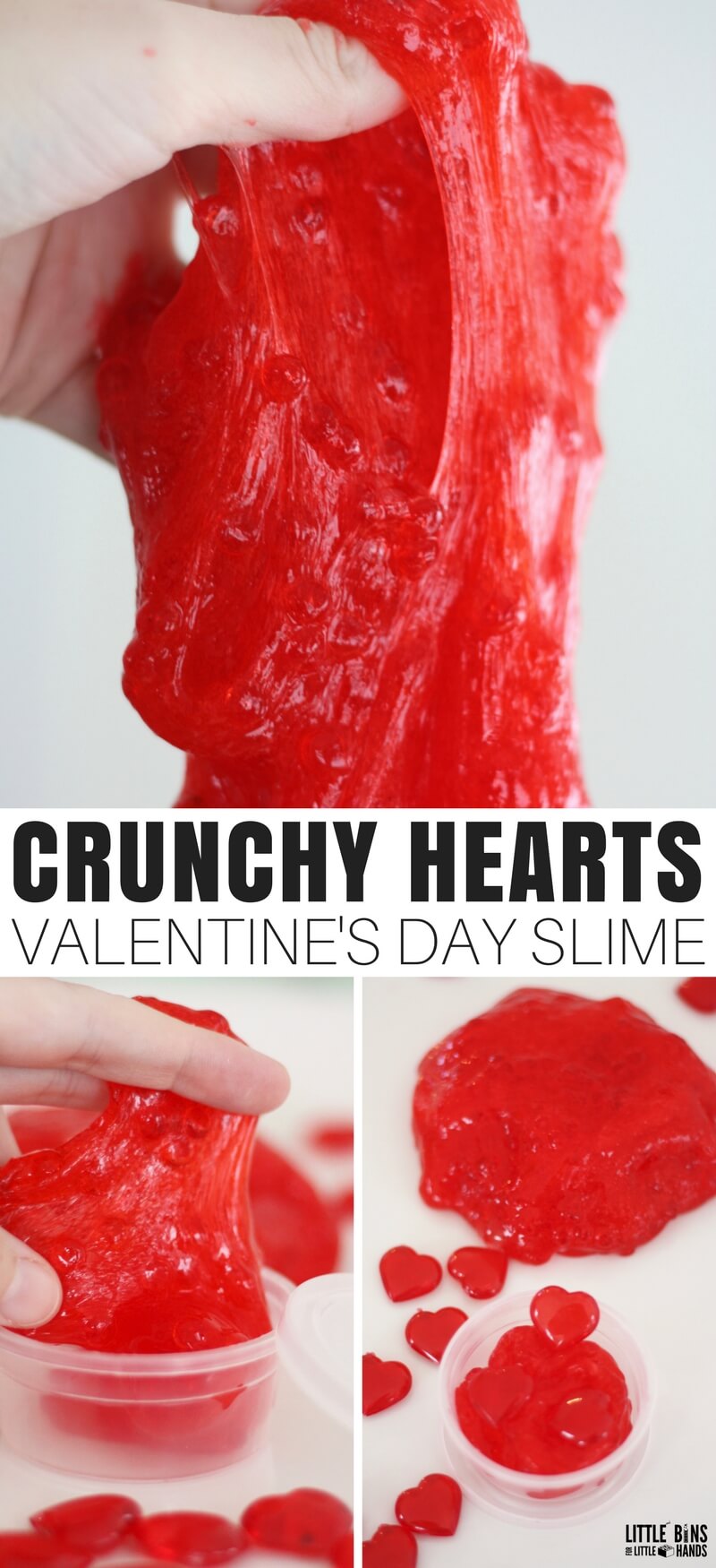 The BEST Valentines Day crunchy slime recipe the kids will love to make this season. Amazing and easy slime recipe that uses crunchy fishbowl slime beads and our easiest saline solution slime recipe. Make homemade slime that's stretchy and fun for Valentine's Day science and sensory play!