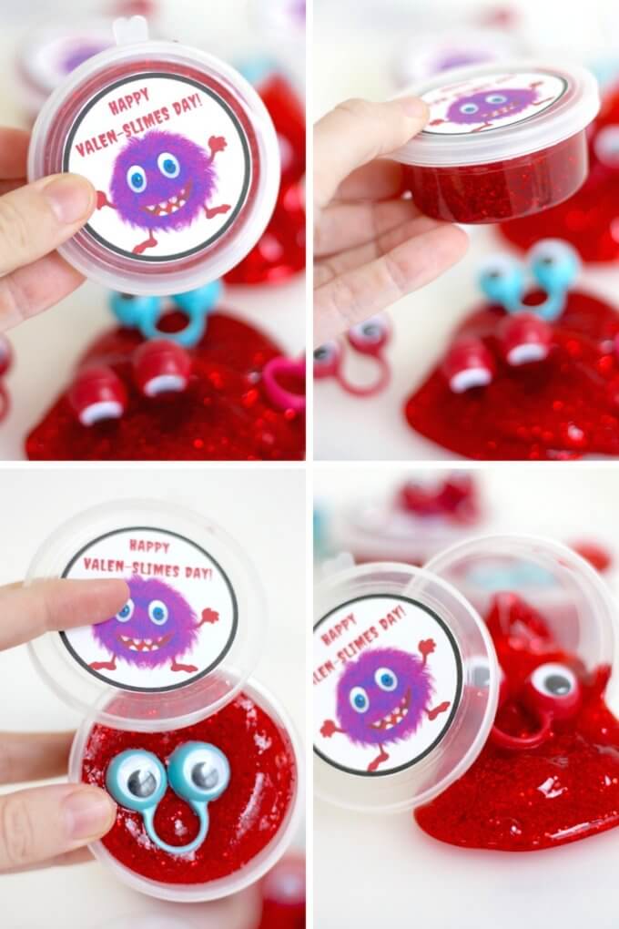 Homemade Valentines Day slime recipe to-go with printable slime labels