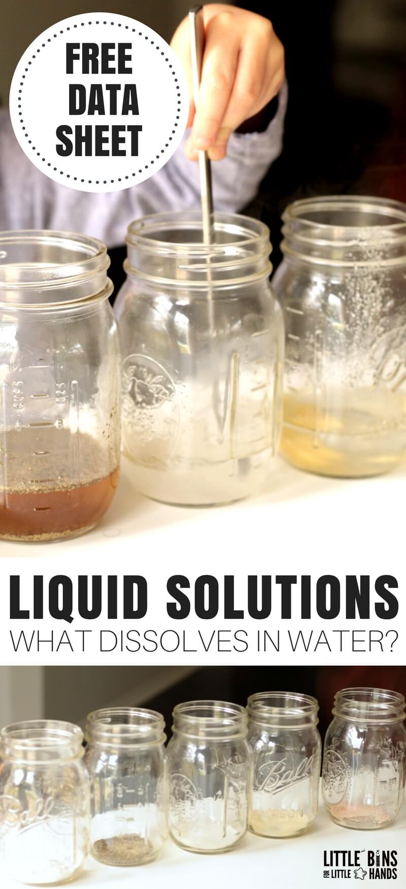 Do you know which solids dissolve in water and which do not? A super fun kitchen chemistry science experiment for kids that's totally easy to set up. Learn about solutions, solutes, and solvents through experimenting with water and common kitchen ingredients. Grab the free printable too for simple science experiments and STEM all year round!
