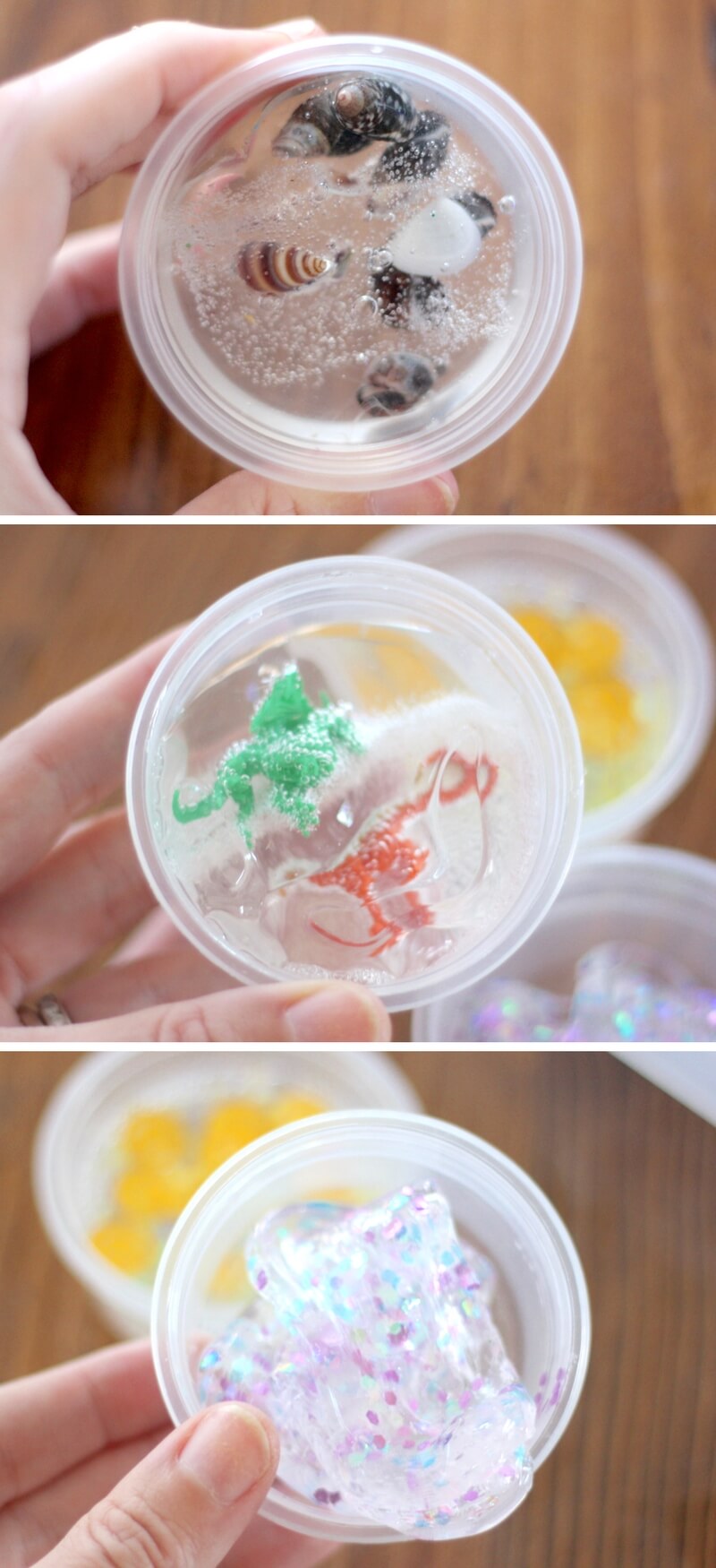 How to make clear slime and add fun mix-ins like mini shells, chunky glitter, and little treasures