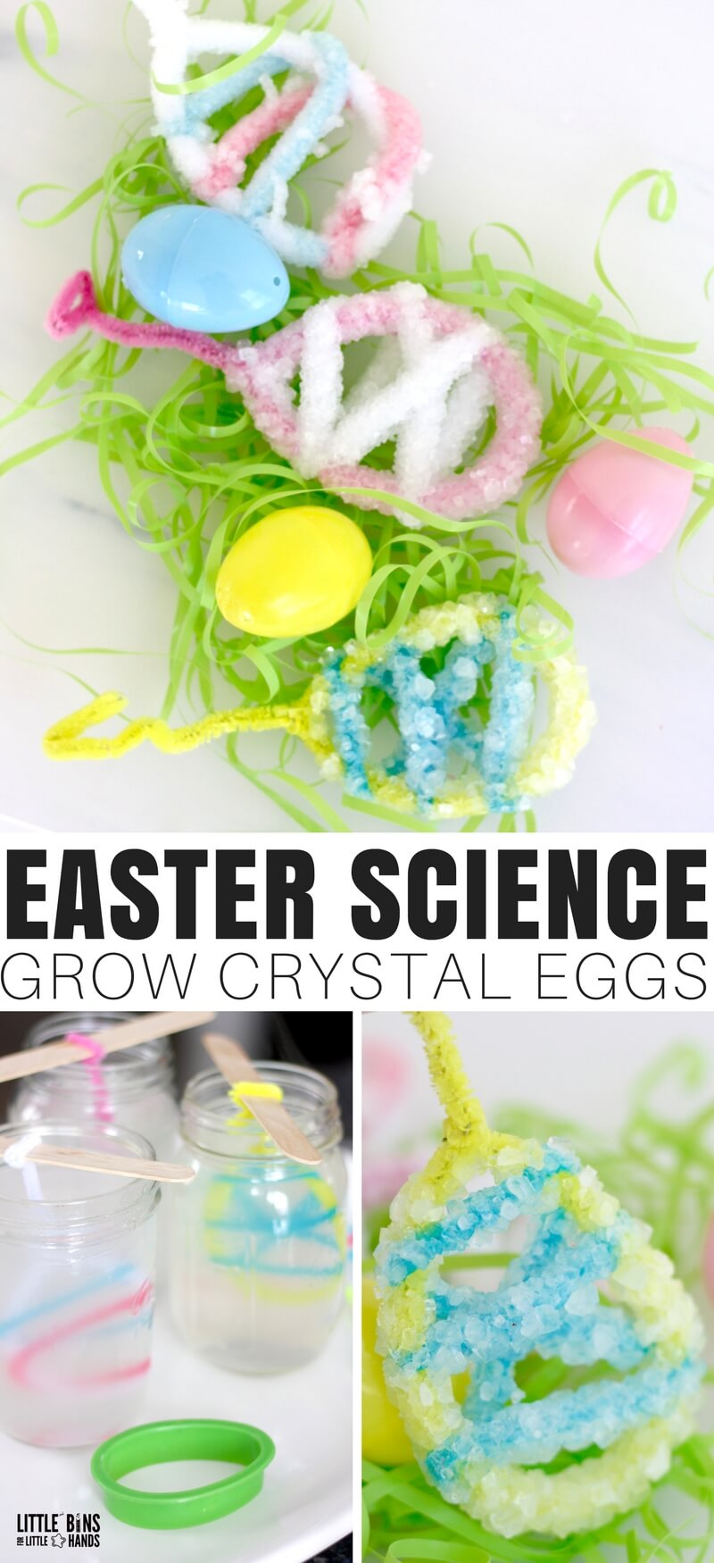 Growing these types of crystals is truly a classic science experiment to try with kids and we have been trying to create a fun theme for each holiday and season! With Easter fast approaching, We decided this season to make crystal Easter eggs with our simple crystal Easter science experiment. Holiday theme science and STEM is the best.